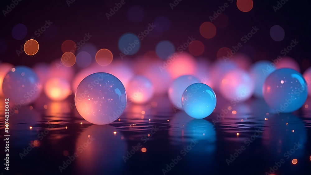 Poster abstract glowing orbs with bokeh effect in shades of blue purple and orange creating an artistic vis
