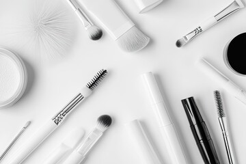 Monochrome makeup tools and cosmetics arranged on white background