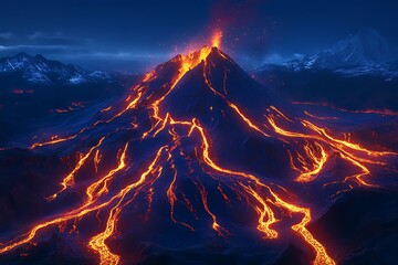 Majestic volcano erupting at night with glowing lava flowing down the mountainside.