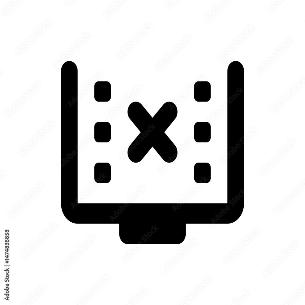 Poster illustration of a screen with rounded corners displaying an x symbol and dots on either side in blac