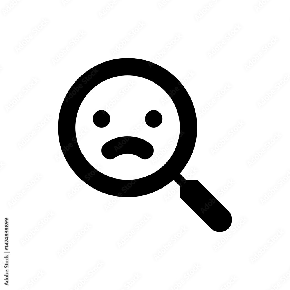 Poster sad face emoticon inside a magnifying glass with a handle isolated on a white background rendering