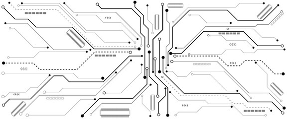 Abstract CPU processor or semiconductor with Power icon with glowing pixels on technology circuit board.