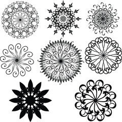 Set of Decorative Mandala Ornaments in Black Outline Style with Floral and Abstract Circular Symmetrical Elements Perfect for Yoga, Meditation, and Ethnic Decorative Art