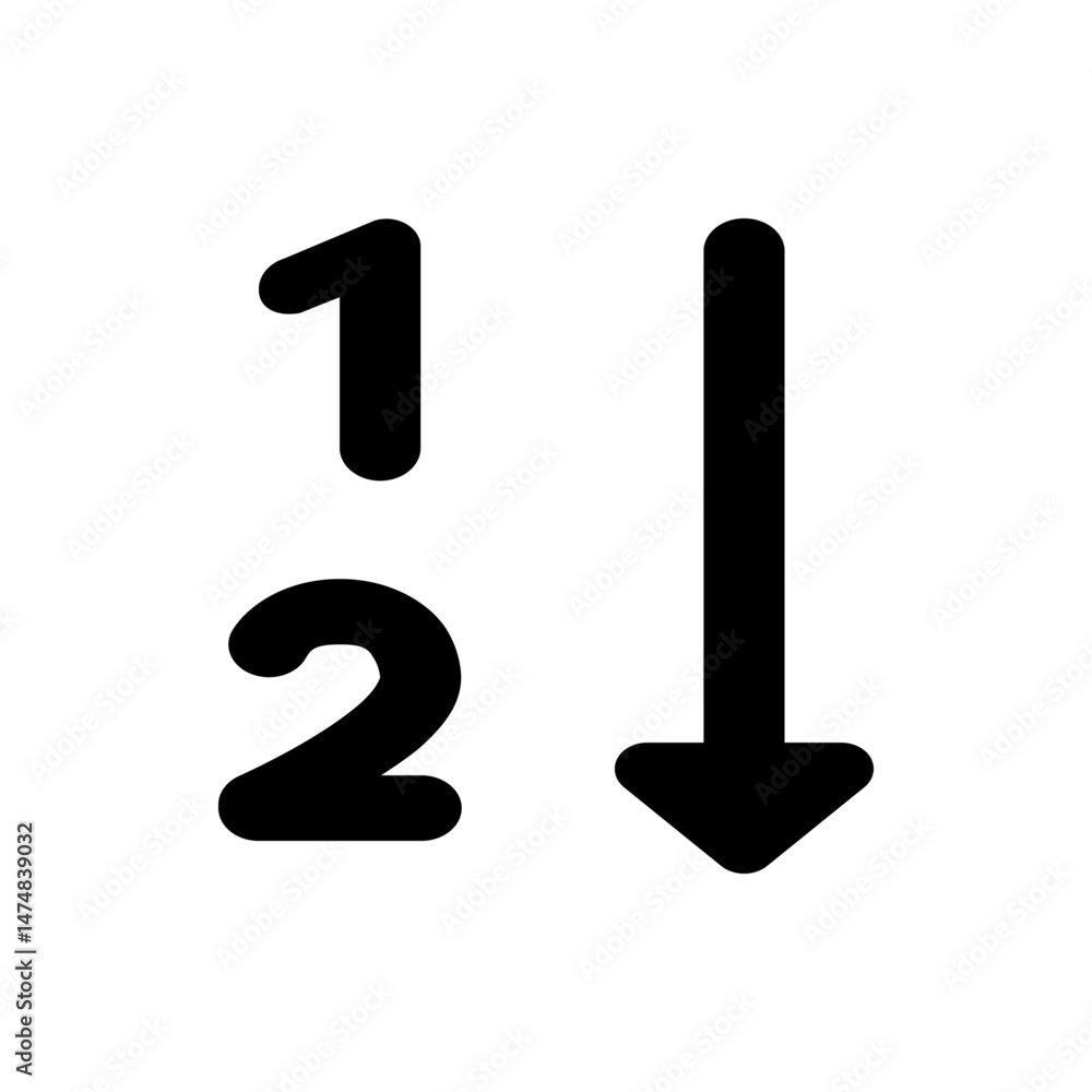Poster illustration of the numbers one and two with a downward pointing arrow on a white background image v