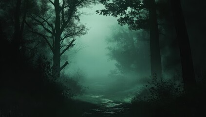 Foggy, dark forest path. Silhouettes of trees and undergrowth in a mystical, misty landscape.  Misty path leads into the unknown
