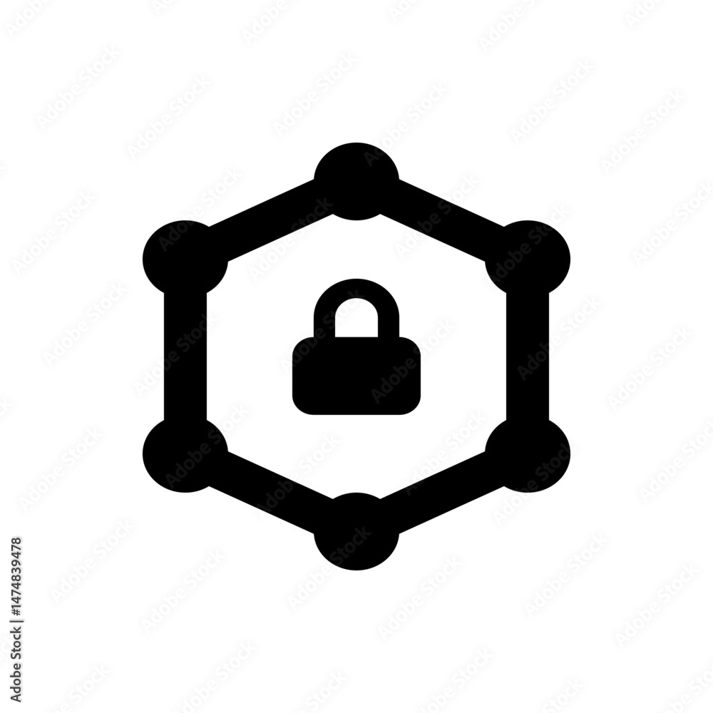 Poster black padlock icon inside a hexagon shape made of circles connected by lines on a white background v
