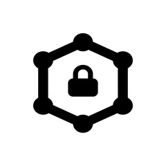Black padlock icon inside a hexagon shape made of circles connected by lines on a white background view