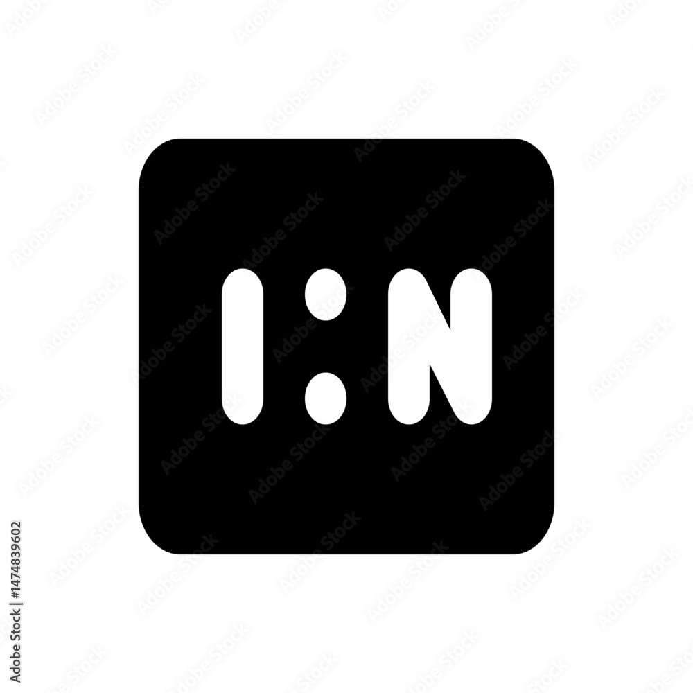 Poster illustration of a black rounded rectangle containing a white colon between the letters i and n in bo