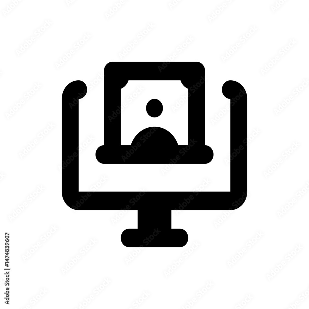 Poster illustration of a black computer monitor displaying a person icon on the screen with rounded edges d
