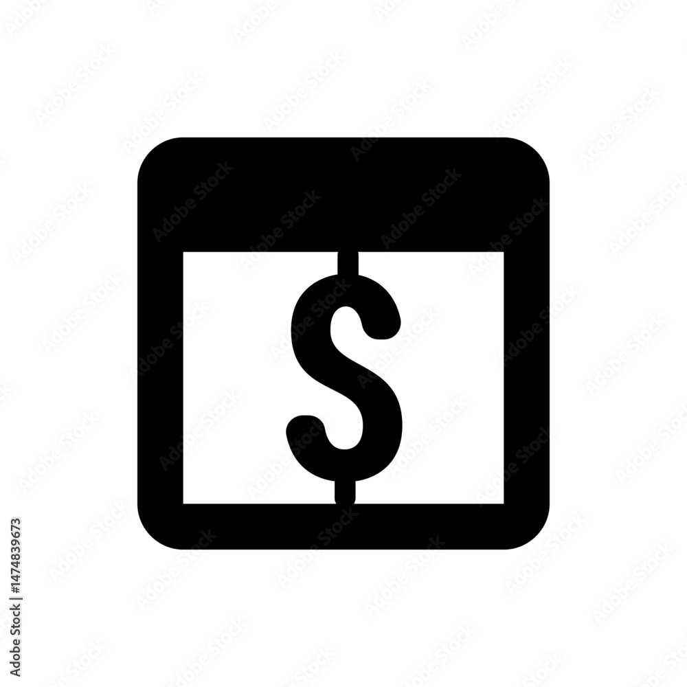 Poster black and white icon showing a dollar sign inside a square frame with rounded corners and a line thr