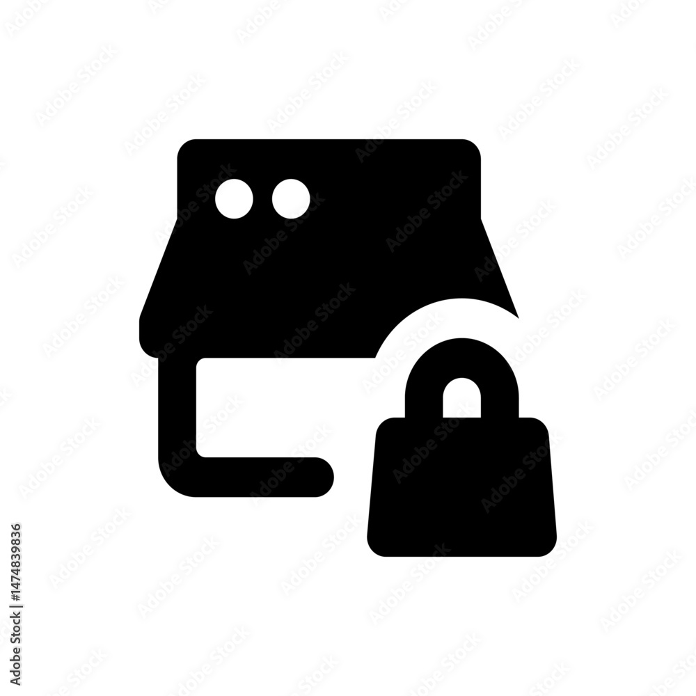 Poster illustration of a computer monitor with two circle icons and a padlock icon in solid black color sch