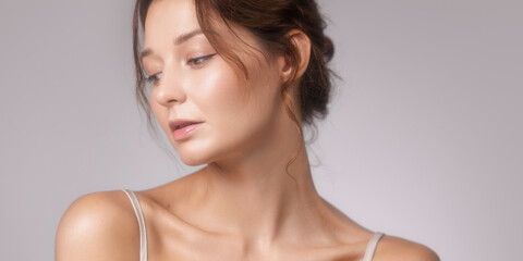 Fototapeta premium Soft Beauty Portrait of a Thoughtful Woman with Radiant Skin