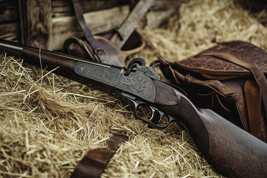Antique Flintlock Rifle Set on Hay with Leather Accessories