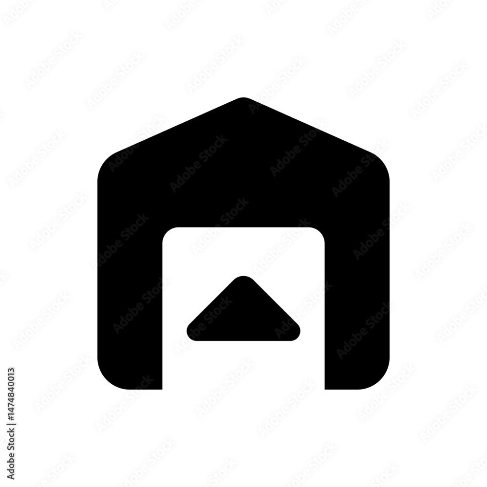 Poster black icon of a rounded house shape with a white square inside and a black triangle pointing up insi