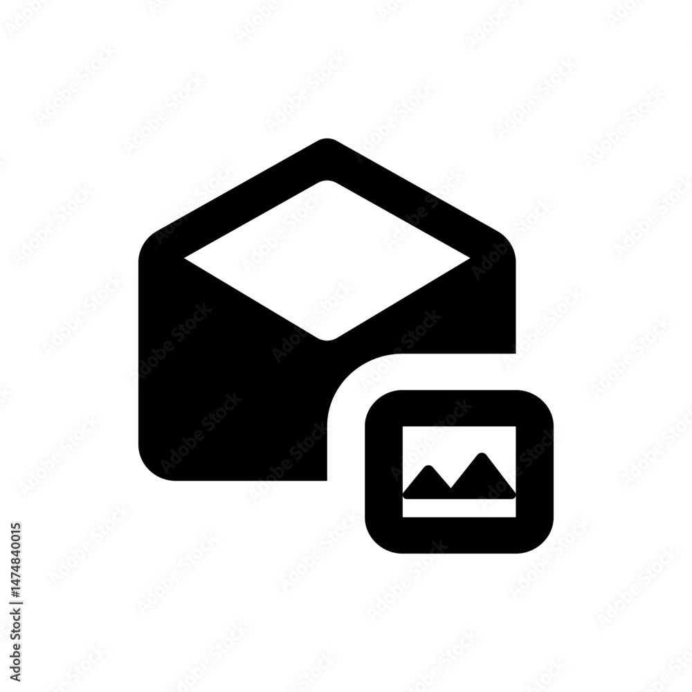 Poster an open envelope icon with a picture icon next to it, both in black and white, simple and clean desi