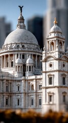 Obraz premium Two intricately decorated domes of historical Indian architecture rise above an urban landscape shrouded in fog, illuminated by soft light at dawn