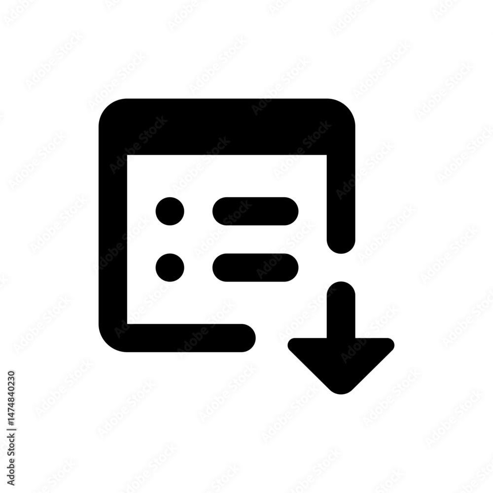 Poster black and white icon of a document with bullet points and lines and an arrow pointing downwards to d