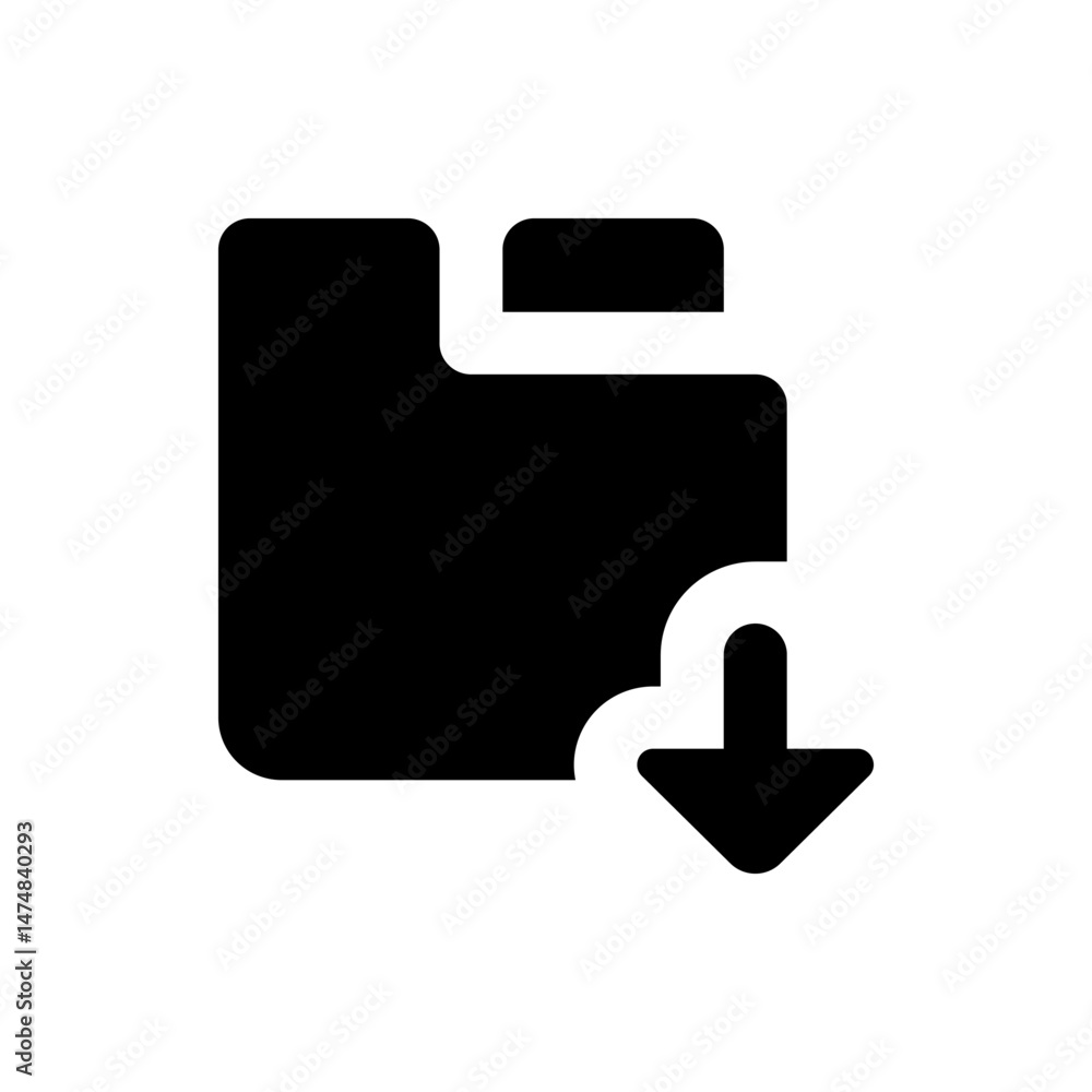 Poster black folder icon with downward arrow indicating a download process in a simple graphic design style