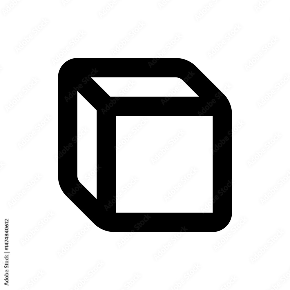 Poster illustration of a simple rounded cube shape with black outline and white fill on a plain background 