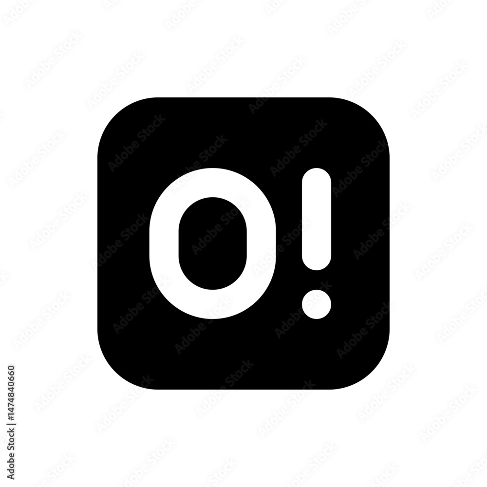 Poster white letter o and exclamation point on a black rounded square background creating a simple graphic 