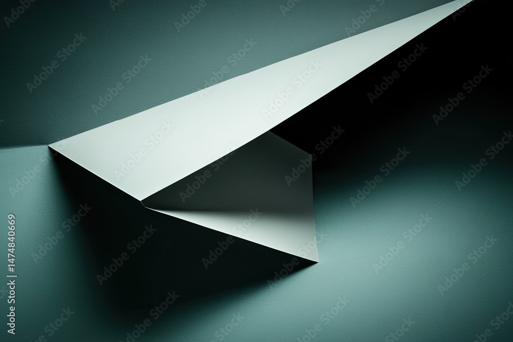 Poster abstract geometric design with folded planes of light gray and dark teal. shadowed shapes create a t