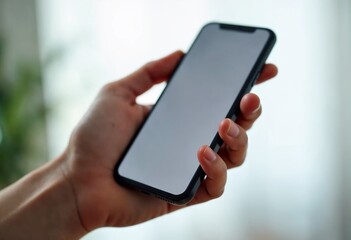 Blank Smartphone Mockup in Hand with Soft Focus Background for Digital Marketing, Social Media, Website Design, and App Development Projects  