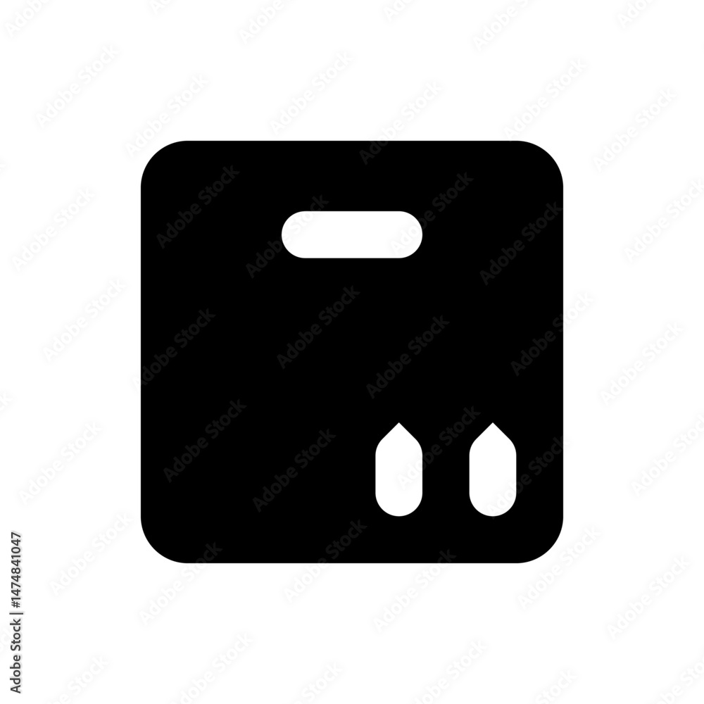 Poster black boxy shape with rounded corners and two teardrop shapes at the bottom and handle cutout on top