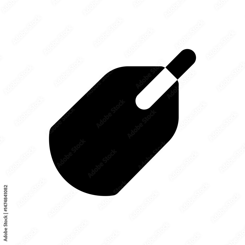 Poster illustration of a solid black tag with a rounded bottom and a hole for attachment on a white backgro