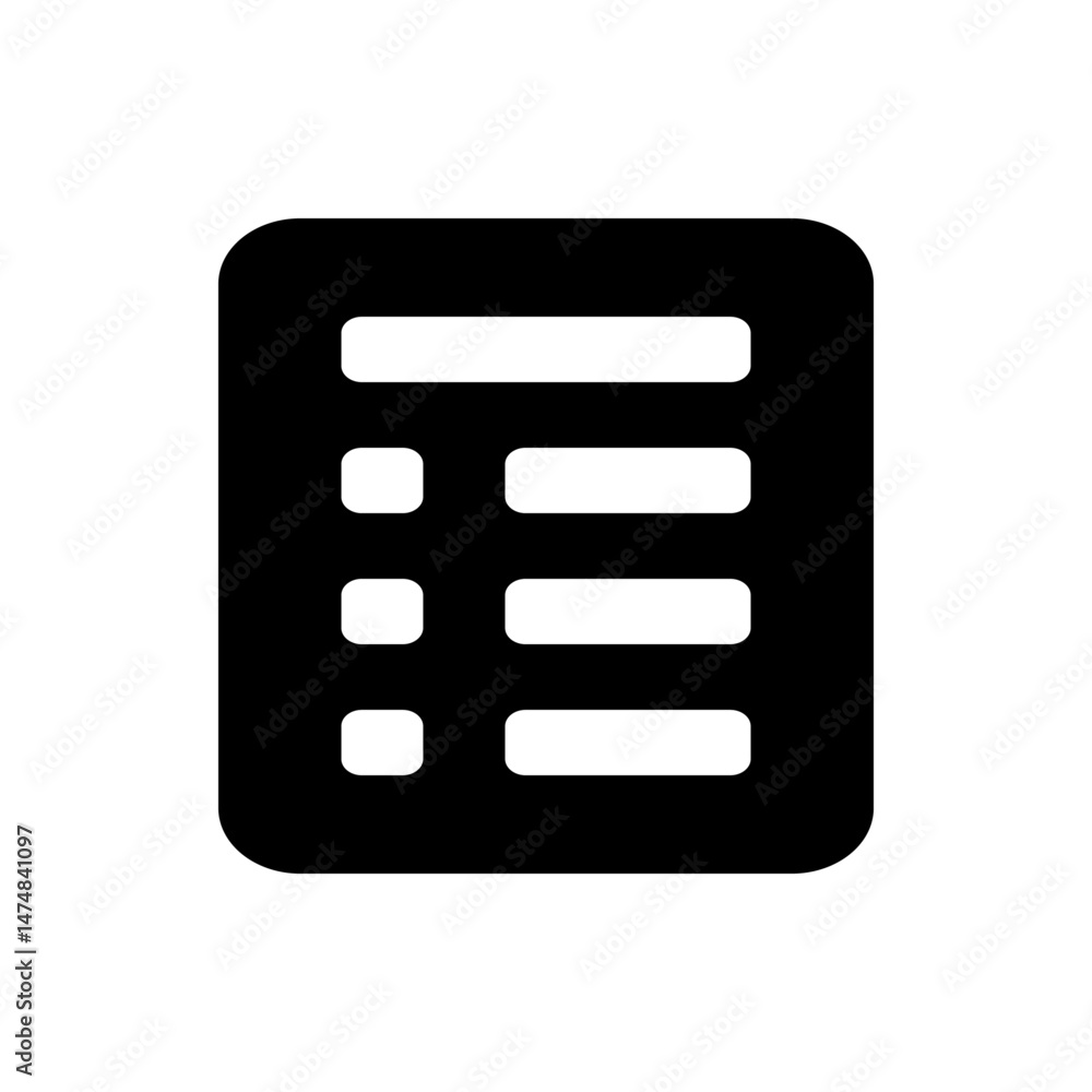 Poster black rounded rectangle with horizontal white rectangles and squares representing a list or document