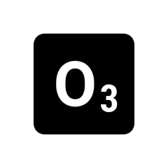 Illustration of ozone molecule displayed on a black rounded square with white text and subscript three
