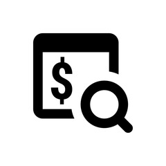 Illustration of a dollar sign inside a document with a magnifying glass on the right side of it icon