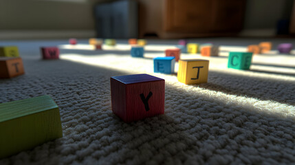 Wooden blocks scattered display letters toy carpet floor sunlight