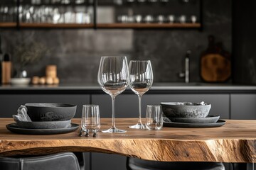 Elegant wine glasses and dark tableware set on a rustic live-edge wood table in a modern kitchen