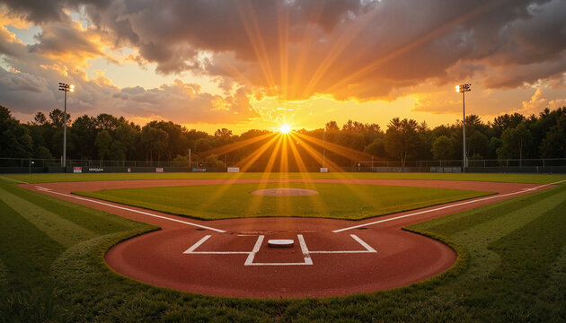 Baseball field at sunset with dramatic rays of light  