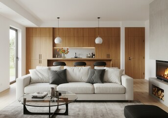 Modern Minimalist Living Room Interior Design Wooden Kitchen Cozy Home Decor Sofa Grey White Glass