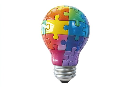 Colorful puzzle pieces form a lightbulb, symbolizing innovative solutions