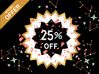 Special offer: 25% off the golden and white colour design, which looks like red ribbons and stars on a vector illustration with a black background 