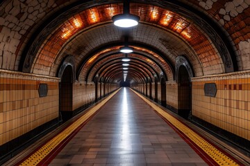 Fototapeta premium Empty underground city subway tunnel with illuminated ceramic tiles