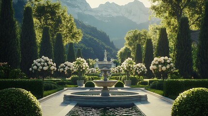 Luxury garden walkway glowing in soft dusk light high resolution picture