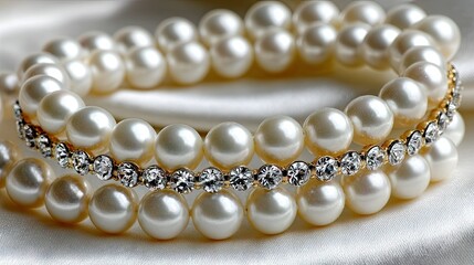 Delicate white fabric serves as a backdrop adorned with pearls and diamond jewelry, featuring a heart-shaped frame made of beads that creates a clean, elegant composition.
