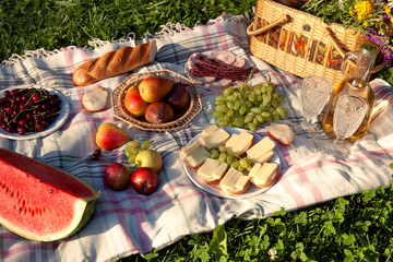 Picnic on a sunny day. Fruits, berries, sandwiches, watermelon, baguette and wine, ready for a...