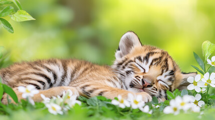 Adorable kitten nestled comfortably amongst the lush green grass enjoying a peaceful nap on a sunny day outdoors