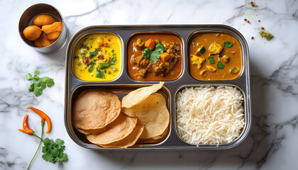 Professional top down image of Indian lunchbox on marble counter