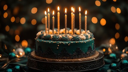 Royal Midnight Birthday - A deep emerald and black theme, an ornate cake with tall candles, jewel-toned bokeh, and elegant light flares for a regal birthday aesthetic.