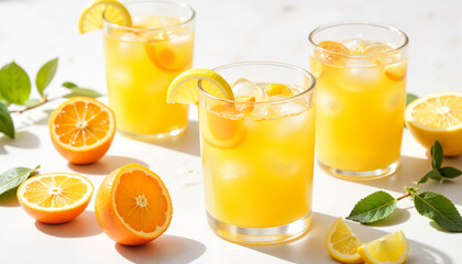 Fototapeta premium Refreshing orange drinks served with garnishes against a light background 