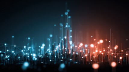 Naklejka premium Abstract cityscape silhouette featuring glowing connection nodes, embodying a futuristic data network concept, with gradient lighting and an atmospheric glow set against a dark background.