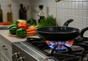Cooking healthy food preparation with fresh vegetables and oil pouring into pan on stove