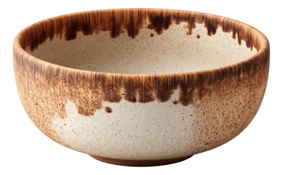 Ceramic bowl with a brown speckled glaze pattern and a smooth finish, ideal for serving or decorative purposes on transparent background.