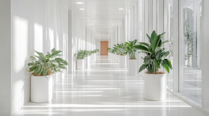 Long white minimalist hallway with row of potted green plant