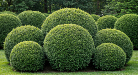 Neatly Trimmed Green Spherical Bushes in Garden
